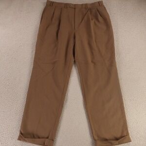Chaps Pants Mens 38x31 Brown 100% Wool Twill Gusset Slacks Cuffed Pleated